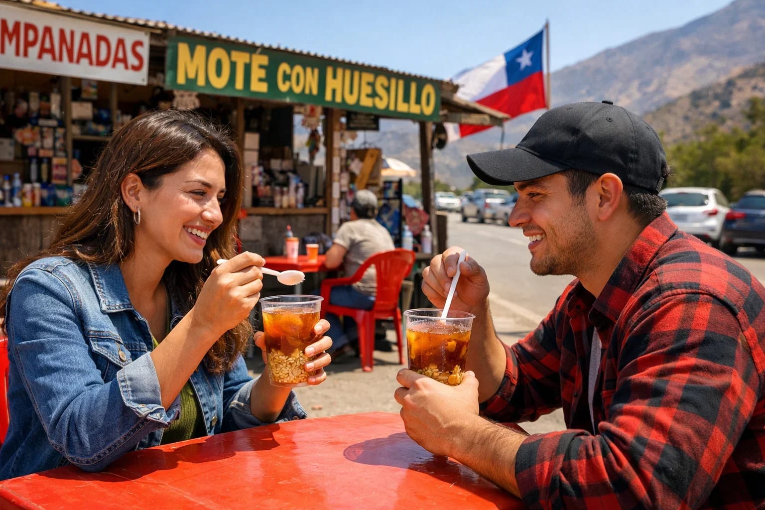 Traditional Chilean drinks displayed on a rustic wooden table with mountain backdrop
